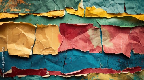 Wallpaper Mural Old torn paper striped layers on grunge wall with peeling colorful posters abstract texture background Torontodigital.ca