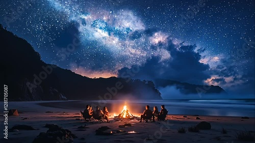 Friends gather around a bonfire on a beach under a starry night sky.
