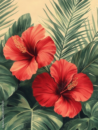 Wallpaper Mural Vibrant hibiscus blooms amidst lush tropical foliage a captivating botanical composition evoking serenity and beauty with a painterly style Torontodigital.ca
