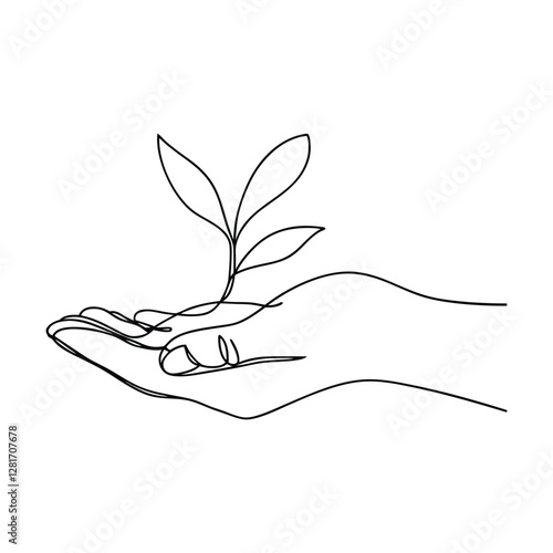 Single Line Drawing Hand Gently Holding a Sprouting Plant