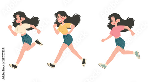 Colorful illustration featuring three happy girls running. Perfect for depicting activity, positivity, or teamwork themes