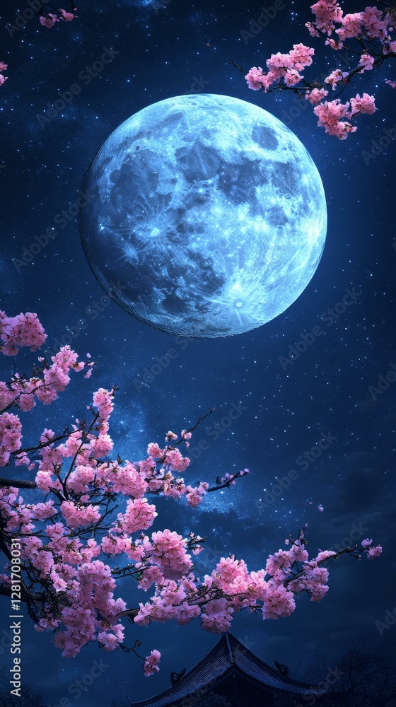 Obraz premium Night Moon and Cherry Blossoms