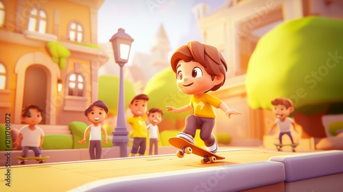 A white teen attempting a skateboard trick at a local skate park Pastel colored 3D cartoon style illustration.