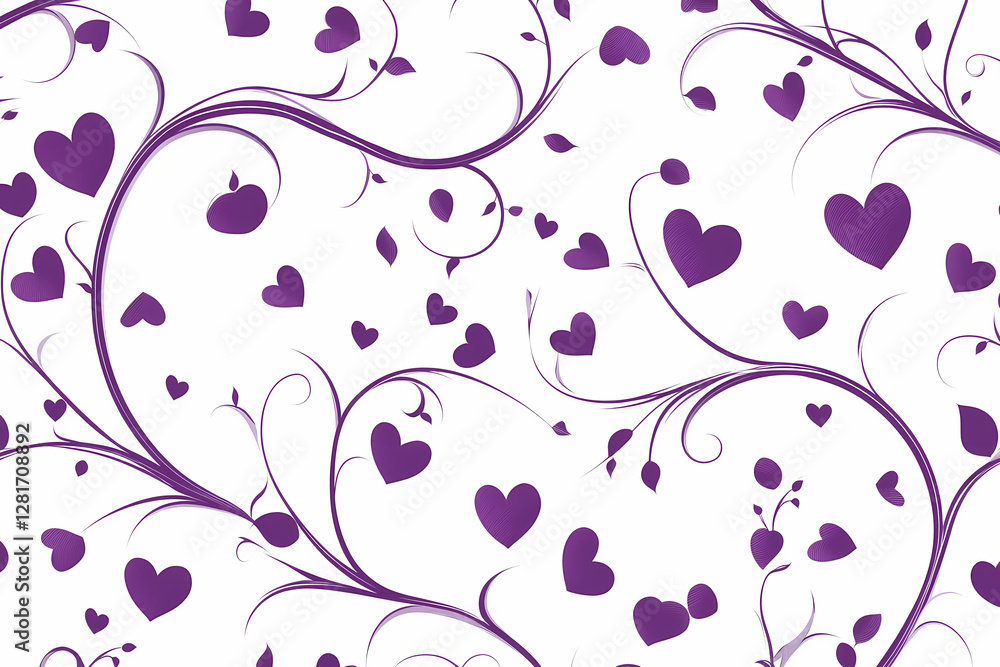 Swirling vine pattern with tiny hearts in vector style, flat design, clean lines, sharp edges, minimalist and deep purple Swirling vine pattern with tiny hearts in vector style, flat design, clean lines, sharp edges, minimalist and deep purple