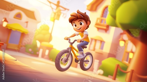 A white teen doing freestyle tricks on a BMX bike Pastel colored 3D cartoon style illustration.