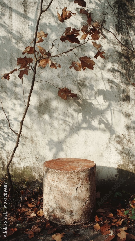 Rustic Stone Cylindrical Object Against Aged Wall Rustic Stone Cylindrical Object Against Aged Wall