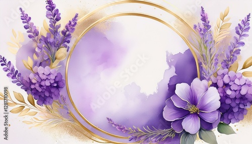 lavender circle with watercolor floral accents and a gold frame surrounded by delicate purple flowers in soft pastel shades like lilac and violet gold outlines on each flower add elegance