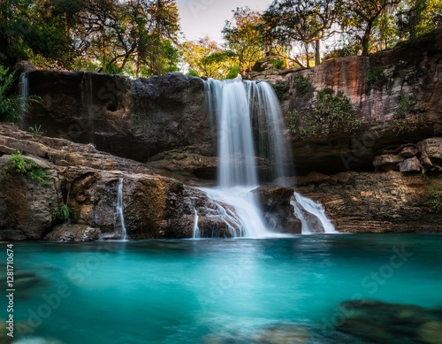 serene waterfall oasis crystal clear water cascades down rocky cliffs into a tranquil pool creating a picturesque and serene landscape