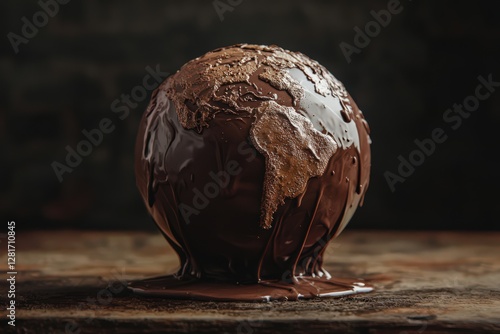 Chocolate sphere melting to resemble Earth, captured in moody lighting with a RED Komodo and 85mm lens photo