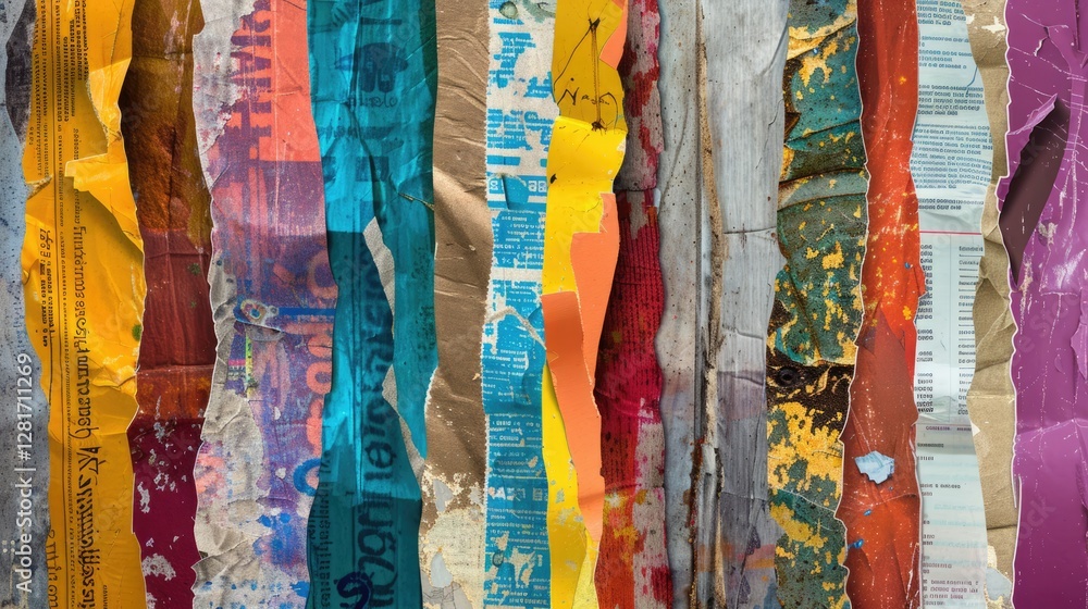 Old torn paper striped layers on grunge wall with peeling colorful posters abstract texture background Old torn paper striped layers on grunge wall with peeling colorful posters abstract texture background