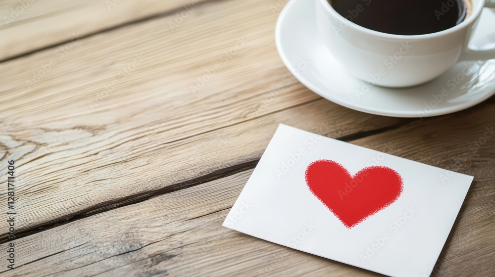 Love Note with Red Heart on Wooden Table Next to Coffee Cup Love Note with Red Heart on Wooden Table Next to Coffee Cup