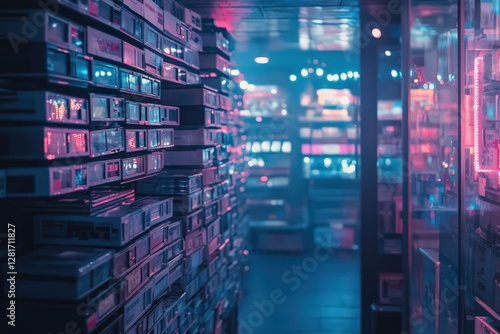 Surreal floating video rental shop filled with neon-lit VHS tapes creates a dreamlike atmosphere