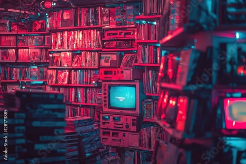 Floating video rental shop showcases thousands of neon-lit VHS tapes and retro technology in a dreamlike setting