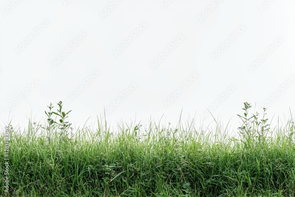 Lush green grass and vibrant foliage against a stark white backdrop creating a serene and minimalist nature scene in bright daylight Lush green grass and vibrant foliage against a stark white backdrop creating a serene and minimalist nature scene in bright daylight