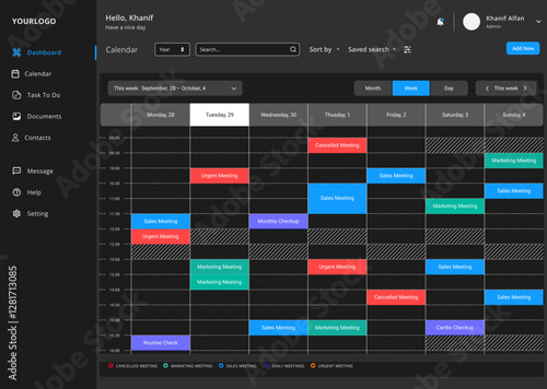 Weekly Calendar View, Plan Week Task & Event Agenda & Schedule Black Dashboard CMS UI Kit Template