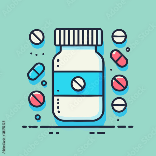 Cartoon-style illustration of a medicine bottle surrounded by capsules and pills in a bright and cheerful design