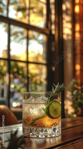 Wallpaper Mural Refreshing Gin and Tonic Cocktail with Lime and Rosemary near Window Torontodigital.ca