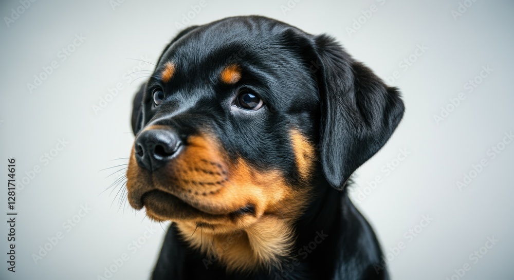 Adorable rottweiler puppy with black and tan coat looking sideways Adorable rottweiler puppy with black and tan coat looking sideways