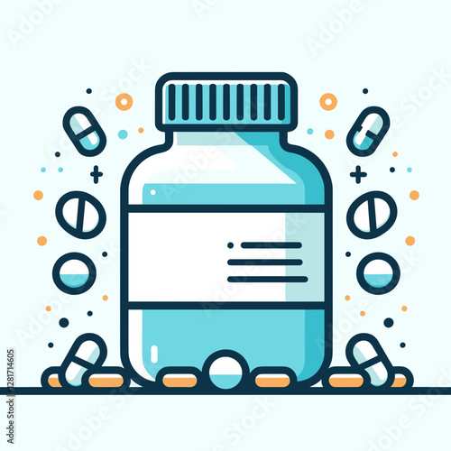 Cartoon-style illustration of a medicine bottle surrounded by capsules and pills in a bright and cheerful design