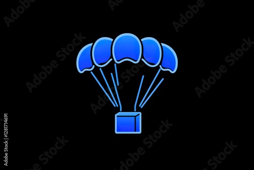 A blue package drops from the sky supported by a parachute in this iconographic vector-style design isolated against a black background photo