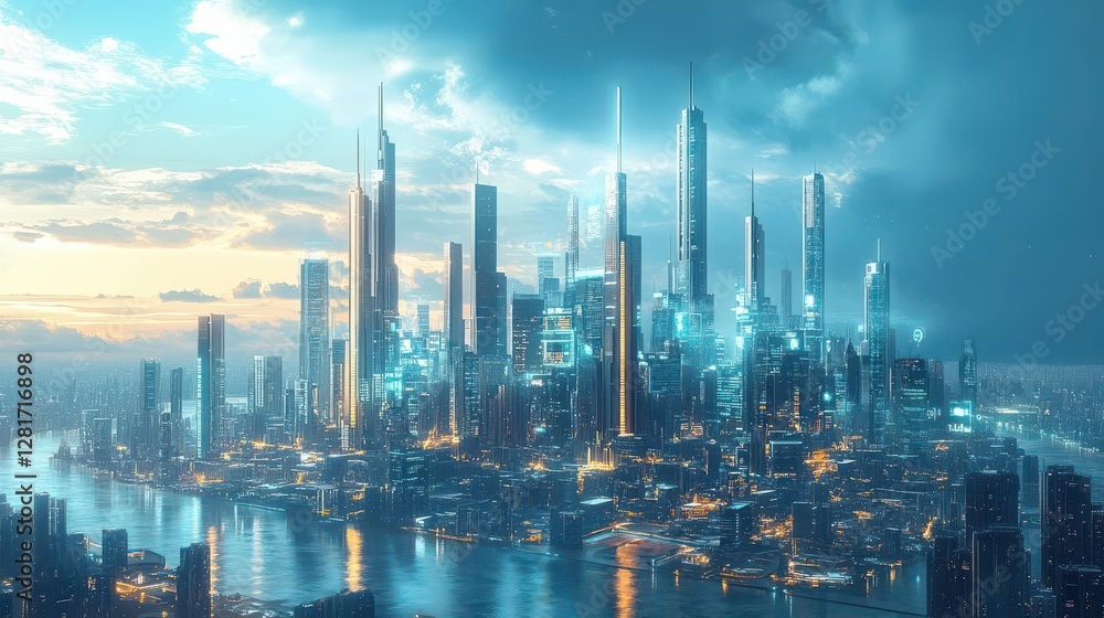 Design a futuristic cityscape showcasing finance merging with technology Design a futuristic cityscape showcasing finance merging with technology