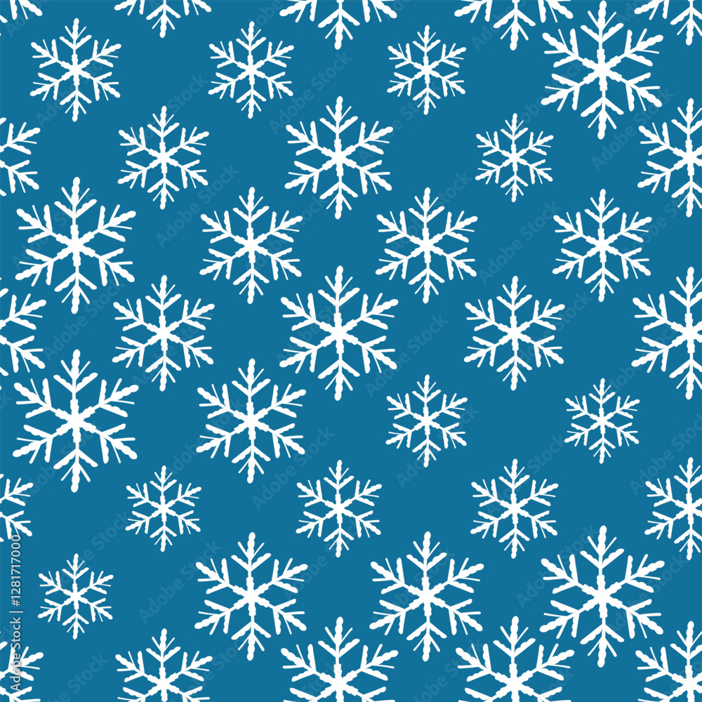 Winter seamless pattern with white snowflakes on blue background. Vector illustration for fabric, textile wallpaper, posters, gift wrapping paper. Christmas vector illustration. Winter seamless pattern with white snowflakes on blue background. Vector illustration for fabric, textile wallpaper, posters, gift wrapping paper. Christmas vector illustration.