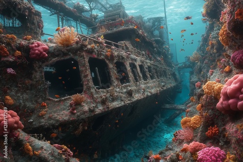 Underwater shipwreck with coral reef........ photo