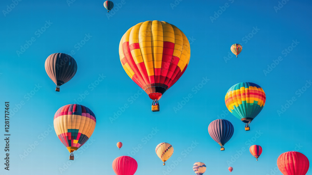 Obraz premium Colorful hot air balloons soaring against clear blue sky create vibrant festival atmosphere. scene captures joy and excitement of ballooning adventures