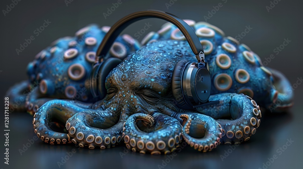 Fototapeta premium Colorful Octopus with Headphones in Creative Artistic Display
