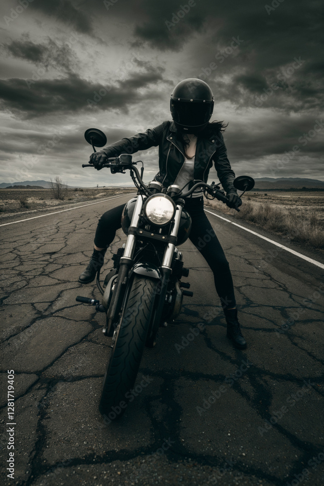 Obraz premium Brunette Woman in Black Leather Riding a Motorcycle on a Cracked and Isolated Apocalyptic Road, Beneath a Moody Cloudy Sky, Her Presence Radiating Power, Freedom, and Resilience.