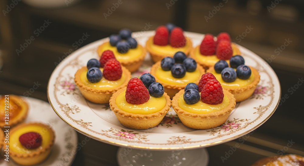 Delicious Fruit Tartlets with Raspberries and Blueberries on Elegant Cake Stand Delicious Fruit Tartlets with Raspberries and Blueberries on Elegant Cake Stand