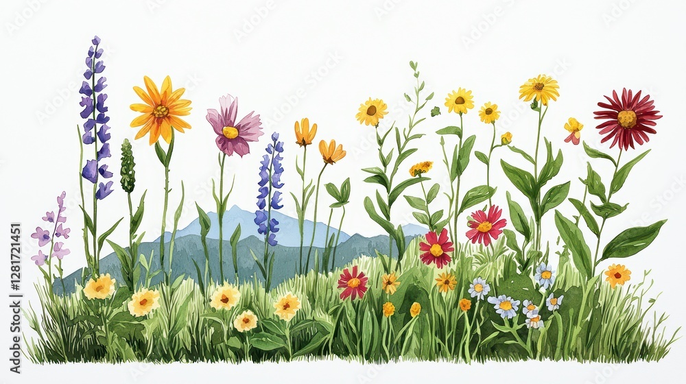 Fototapeta premium Watercolor Rustic Wildflowers Blooms in Scenic Landscape Background