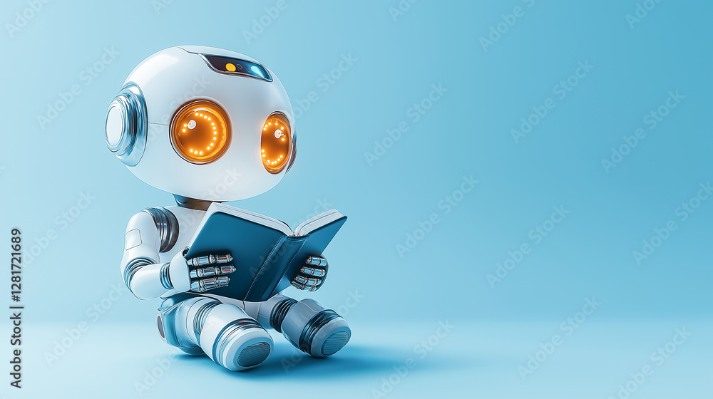 A futuristic cute robot reading a book on blue background. Deep learning and Machine learning concept. A futuristic cute robot reading a book on blue background. Deep learning and Machine learning concept.