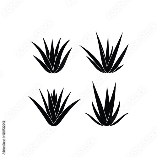  aloe vera icons, black and white silhouettes, simple plant illustrations 