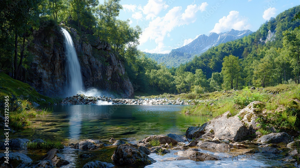 Fototapeta premium stress management techniques. Serene waterfall cascading into a tranquil forested landscape.