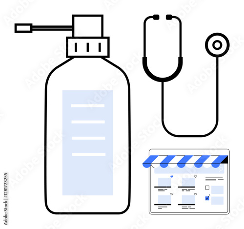 Hand sanitizer bottle beside a stethoscope and web store window. Ideal for healthcare, e-commerce, public health, hygiene promotion, telemedicine, safety, and online shopping concepts. Abstract line