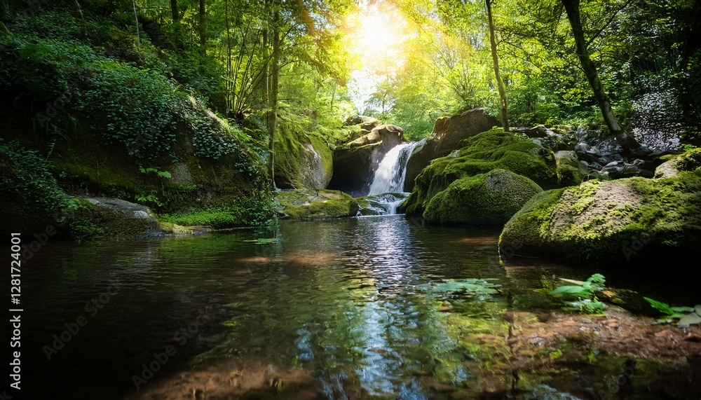 serene forest oasis a small pristine pond nestled in a lush green forest surrounded by large rocks and a sparkling waterfall sunlight filters through the canopy above serene forest oasis a small pristine pond nestled in a lush green forest surrounded by large rocks and a sparkling waterfall sunlight filters through the canopy above