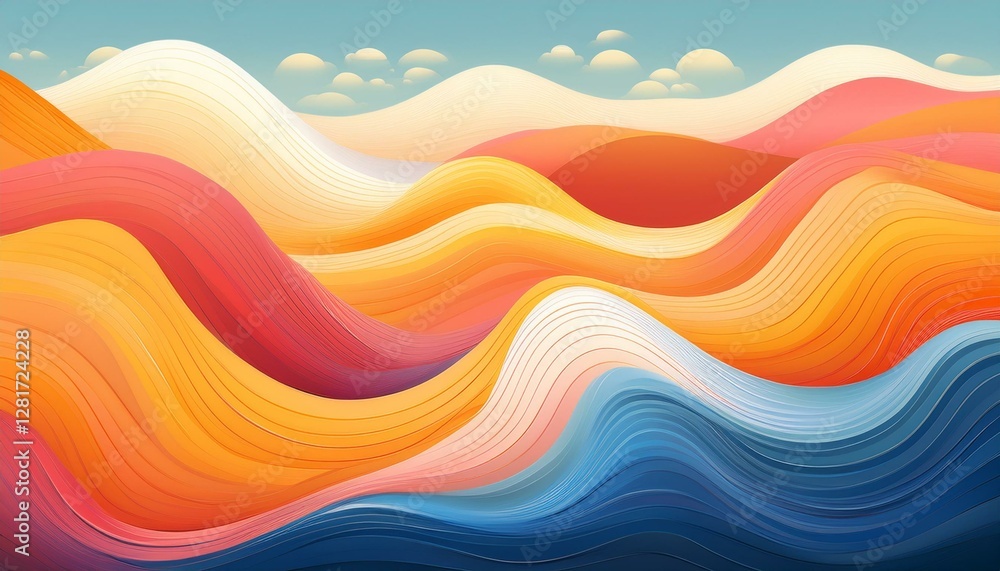 a colorful abstract landscape made of smooth wavy shapes in orange yellow white pink and blue the design features layered forms that create a playful modern aesthetic a colorful abstract landscape made of smooth wavy shapes in orange yellow white pink and blue the design features layered forms that create a playful modern aesthetic
