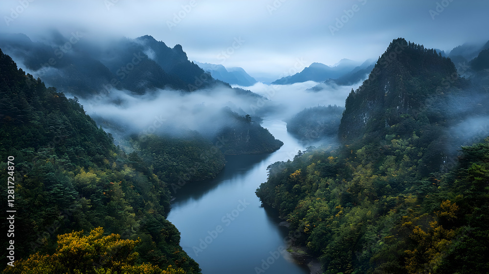Misty river valley landscape, autumn foliage, serene nature scene Misty river valley landscape, autumn foliage, serene nature scene