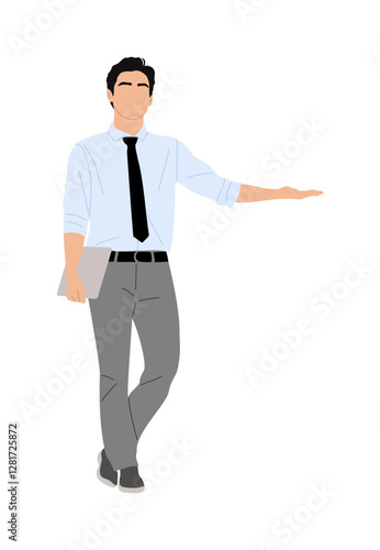 Businessman character standing, holding laptop, pointing to the side. Handsome man wearing shirt, tie, sowing direction, presenting. Vector realistic illustration isolated