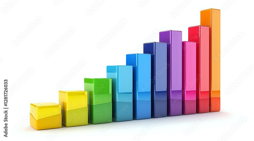 Colorful ascending bar chart showing business growth trend with rainbow gradient blocks on white background, suitable for financial presentations. Colorful ascending bar chart showing business growth trend with rainbow gradient blocks on white background, suitable for financial presentations.