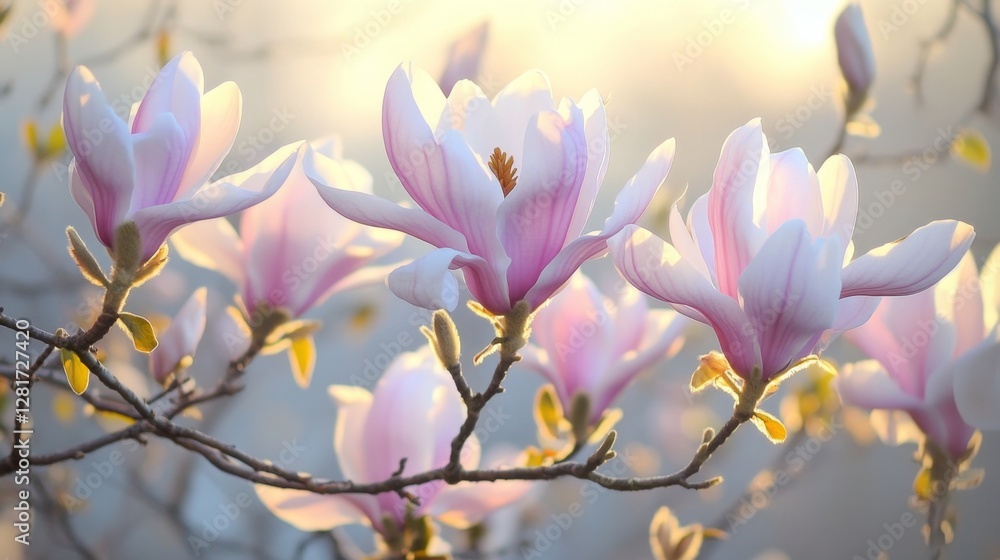 Early spring magnolia flowers unfolding in the gentle light of dawn, their pink and white petals covering the trees branches. Early spring magnolia flowers unfolding in the gentle light of dawn, their pink and white petals covering the trees branches.