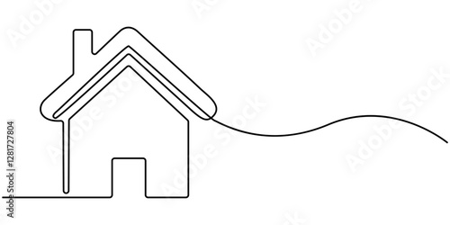 Continuous thin line home vector illustration, minimalist house icon. One line art cottage building, Home Sweet Home Continuous one line drawing, Abstract house on the hill in continuous line art. 