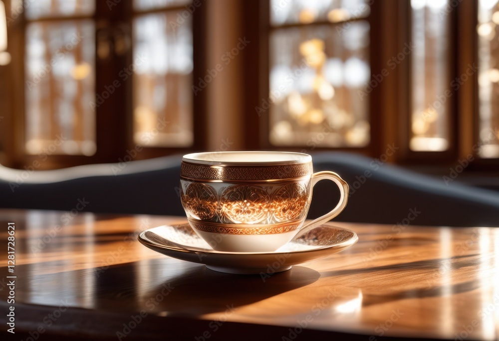 Obraz premium empty coffee cup placed elegantly stylish wooden table surrounded natural light highlighting rustic charm, beverage, mocha, espresso, furniture, interior