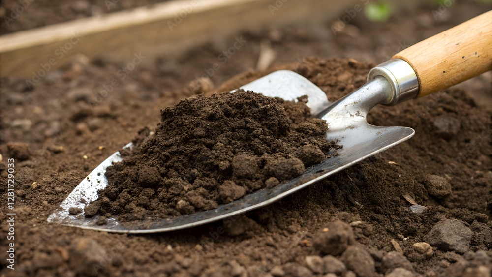 A close-up shot of a small shovel filled with rich, dark soil, ready for planting. A close-up shot of a small shovel filled with rich, dark soil, ready for planting.