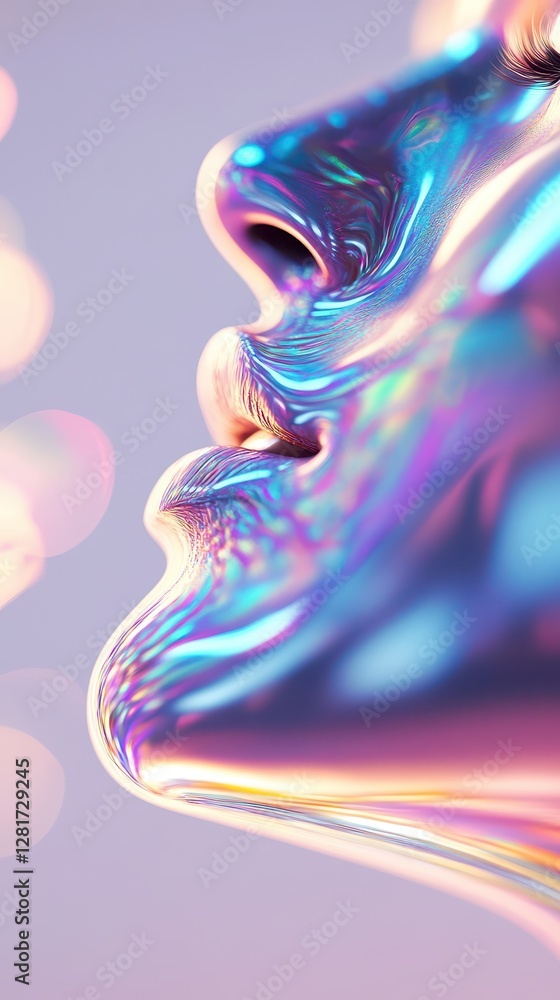 Obraz premium A close-up view of a stylized metallic face, capturing dynamic reflections of light in various colors. The setting showcases an abstract and futuristic design