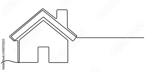Continuous thin line home vector illustration, minimalist house icon. One line art cottage building, Home Sweet Home Continuous one line drawing, Abstract house on the hill in continuous line art. 