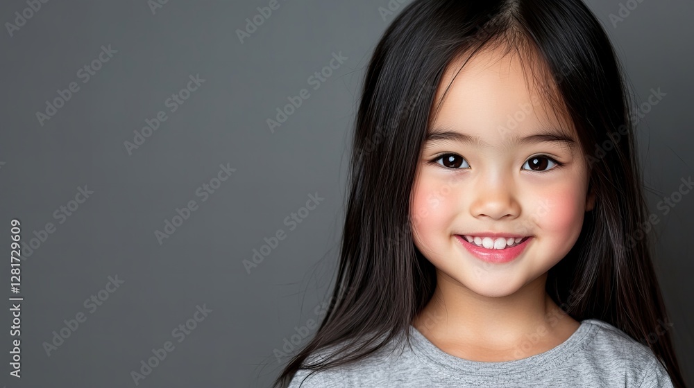 Adorable young Asian girl with a sweet smile against a gray background. Adorable young Asian girl with a sweet smile against a gray background.