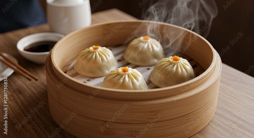 Steaming Xiaolongbao Dumplings in Bamboo Steamer Basket on Wooden Table Steaming Xiaolongbao Dumplings in Bamboo Steamer Basket on Wooden Table