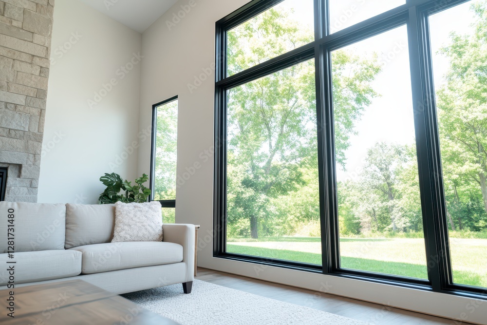 Obraz premium Natural light floods a stylish living room featuring large black-framed windows. A cozy sofa invites relaxation while scenic views of lush trees are enjoyed